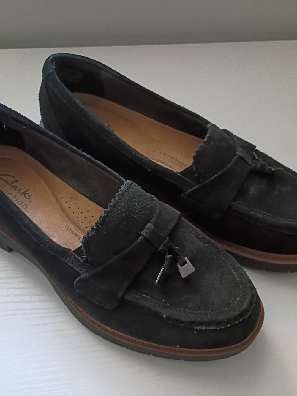 Clarks Black Suede Tassel Loafers for Women